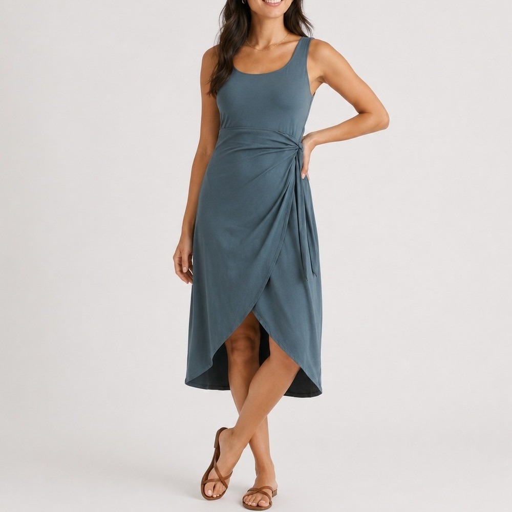 Quince Tencel Jersey Side Tie Midi Dress Drapey Wrap Dark Olive XS NWT